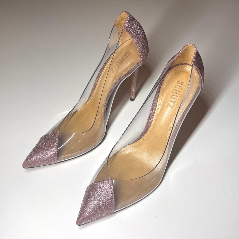 Schutz Women’s Cendi Transparent Pump In Pink Rose Glitter Size- 9B - Picture 4 of 12
